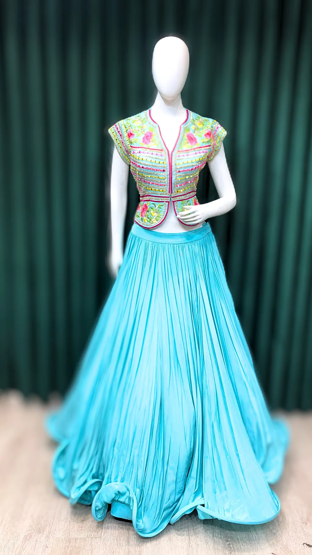 Firozi Crape Lehenga With Resham And Mirror