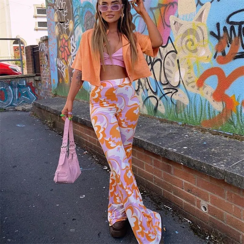 Flower Power Bell Bottoms Groovy Pink Orange White Floral Print High Waist Stretch Hippie Flare Pants Available In Small Medium Or Large