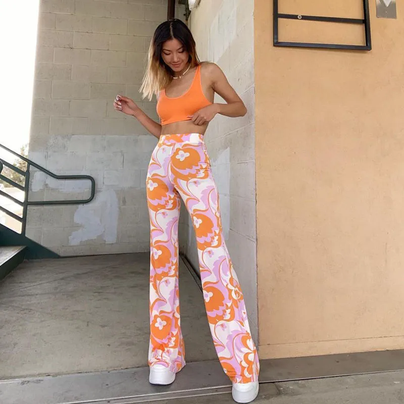 Flower Power Bell Bottoms Groovy Pink Orange White Floral Print High Waist Stretch Hippie Flare Pants Available In Small Medium Or Large