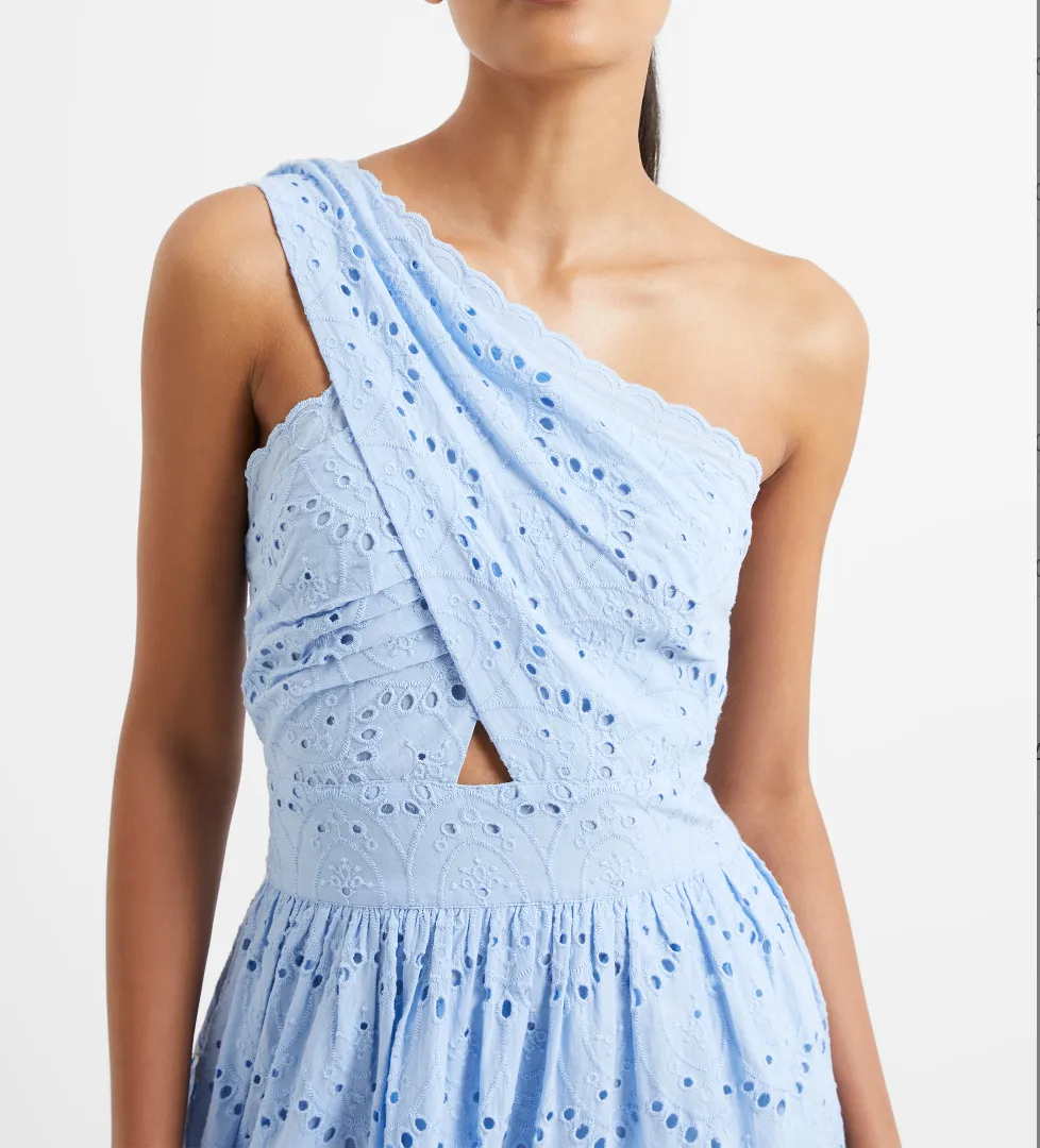 French Connection Lace Eyelet One Shoulder Appelona Anglaise Periwinkle Blue Dress