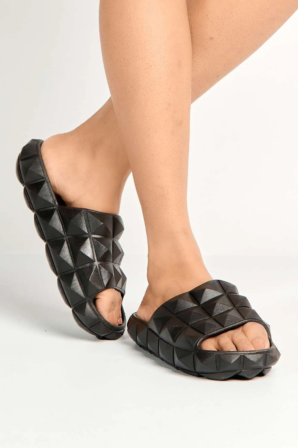 Gea Studded Texture Flat Sliders in Black