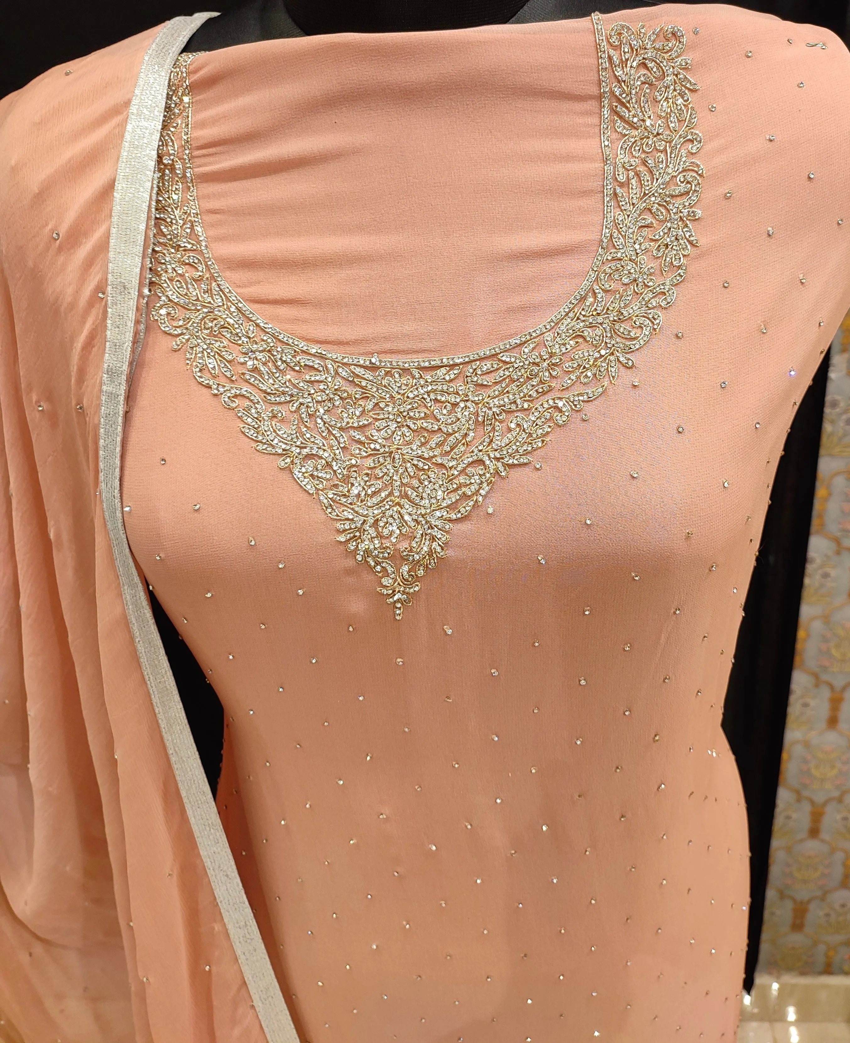 Georgette Unstitched Suit With Jarkan And Dabka Work