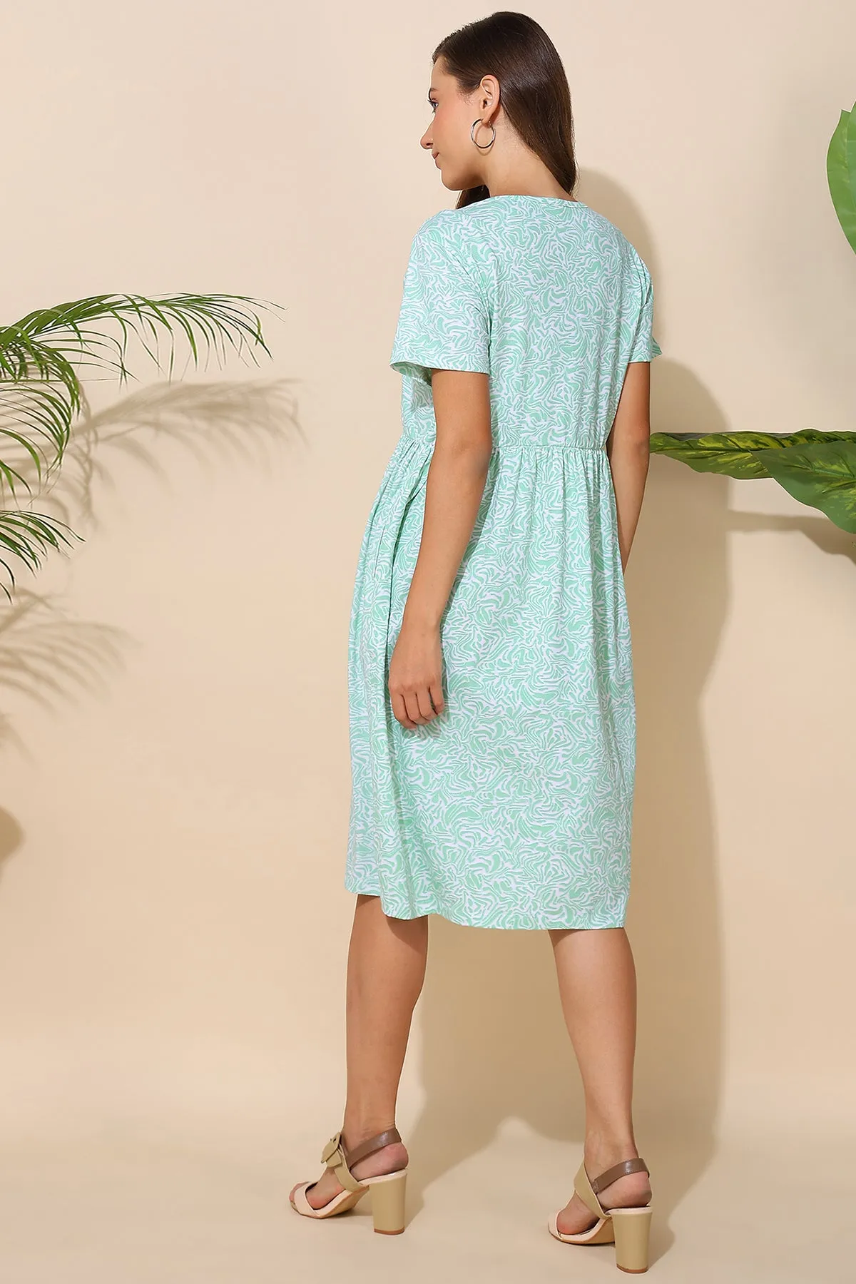 Green All Over Printed 100% Soft Cotton Zipless Maternity Feeding Dress