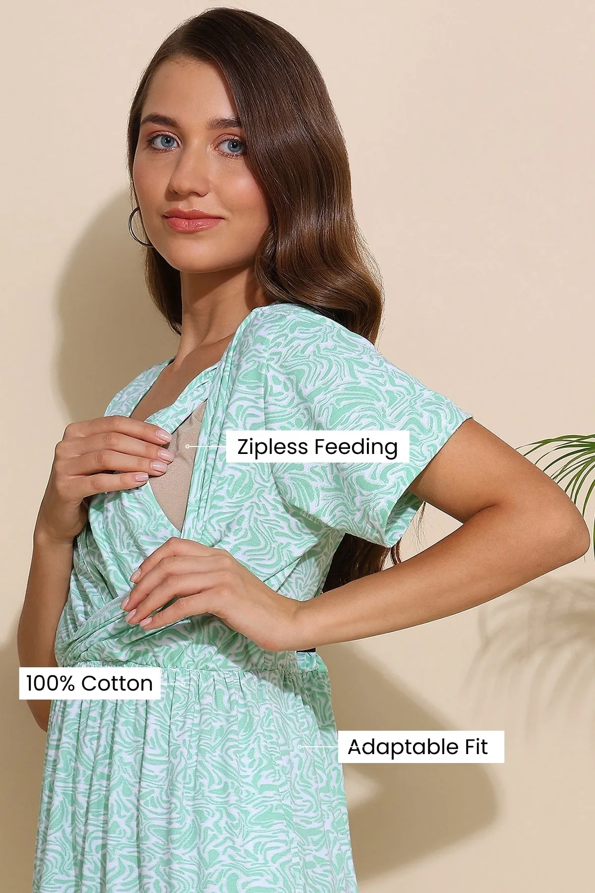 Green All Over Printed 100% Soft Cotton Zipless Maternity Feeding Dress