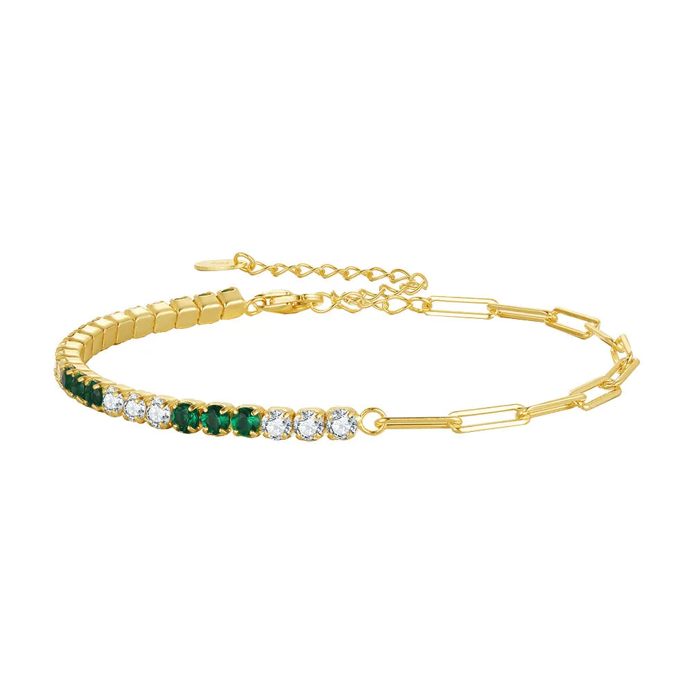 Green and White Shiny Zirconia Tennis Paperclip Chain Bracelet