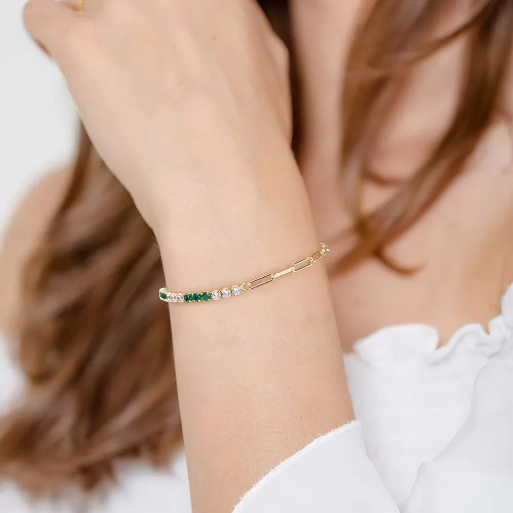 Green and White Shiny Zirconia Tennis Paperclip Chain Bracelet