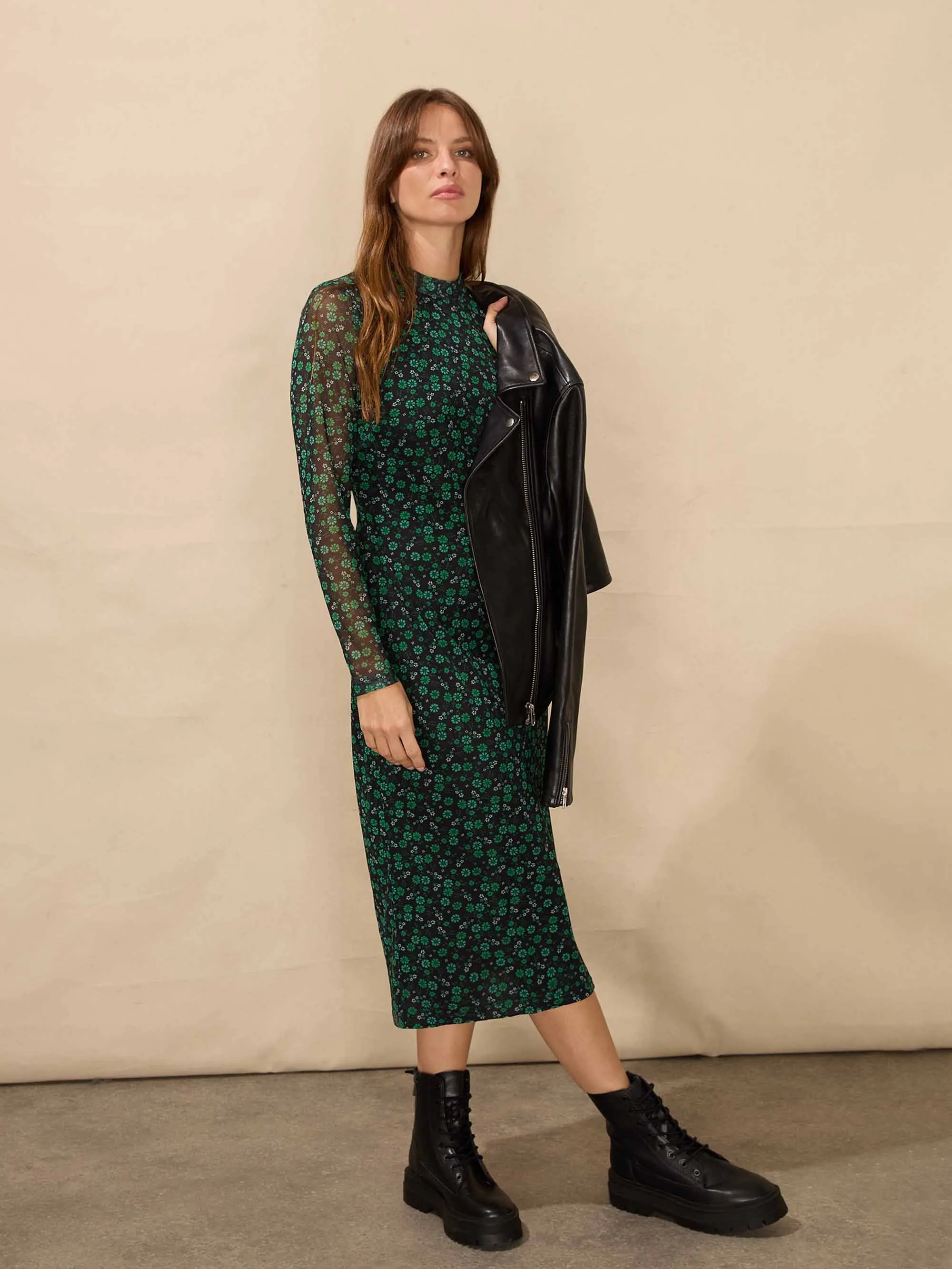 Green Ditsy Print Mesh Dress