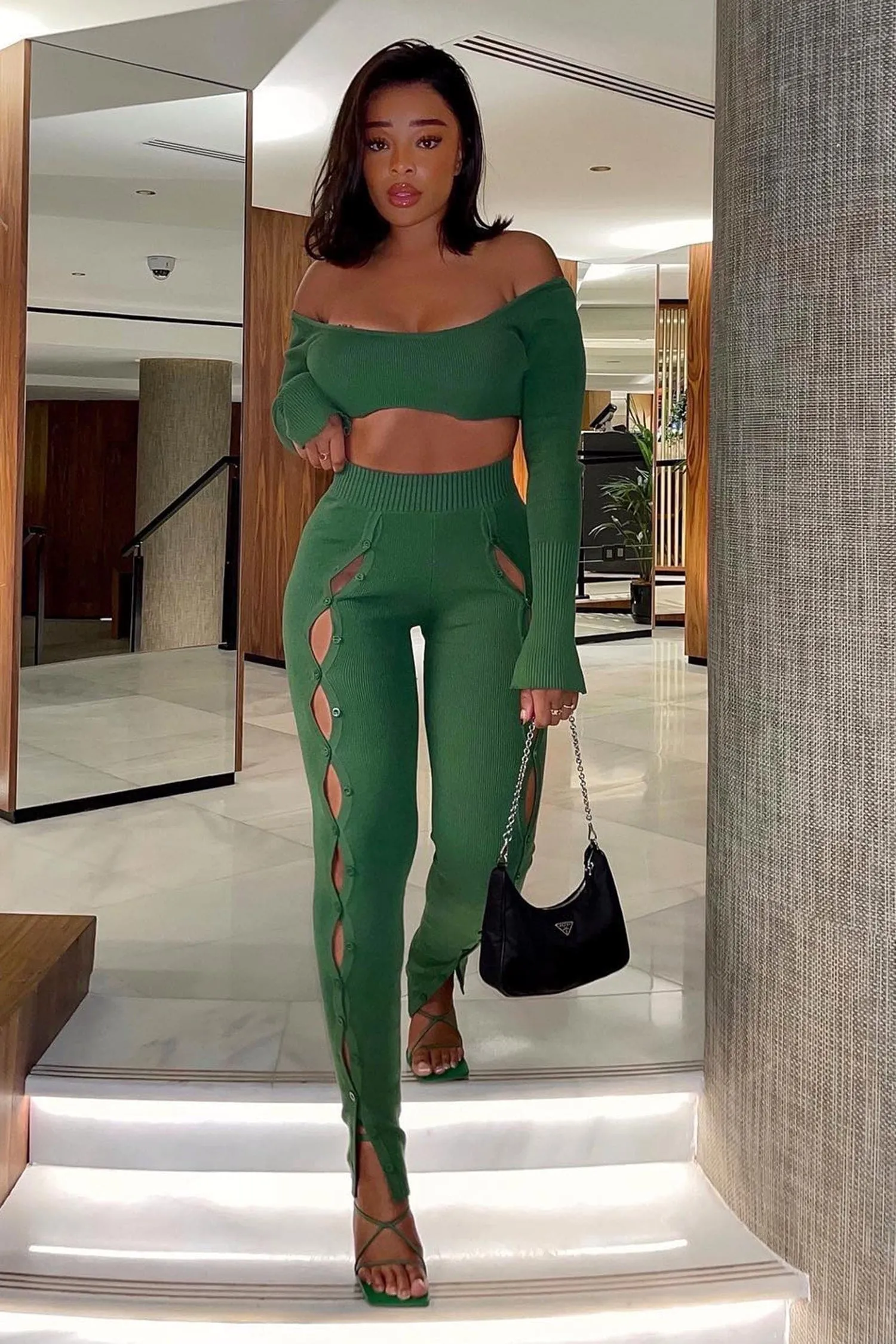 Green Knit Long Sleeve Crop Top & Front Split Pants Two Piece Set