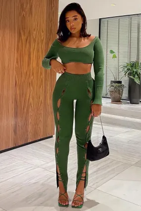 Green Knit Long Sleeve Crop Top & Front Split Pants Two Piece Set