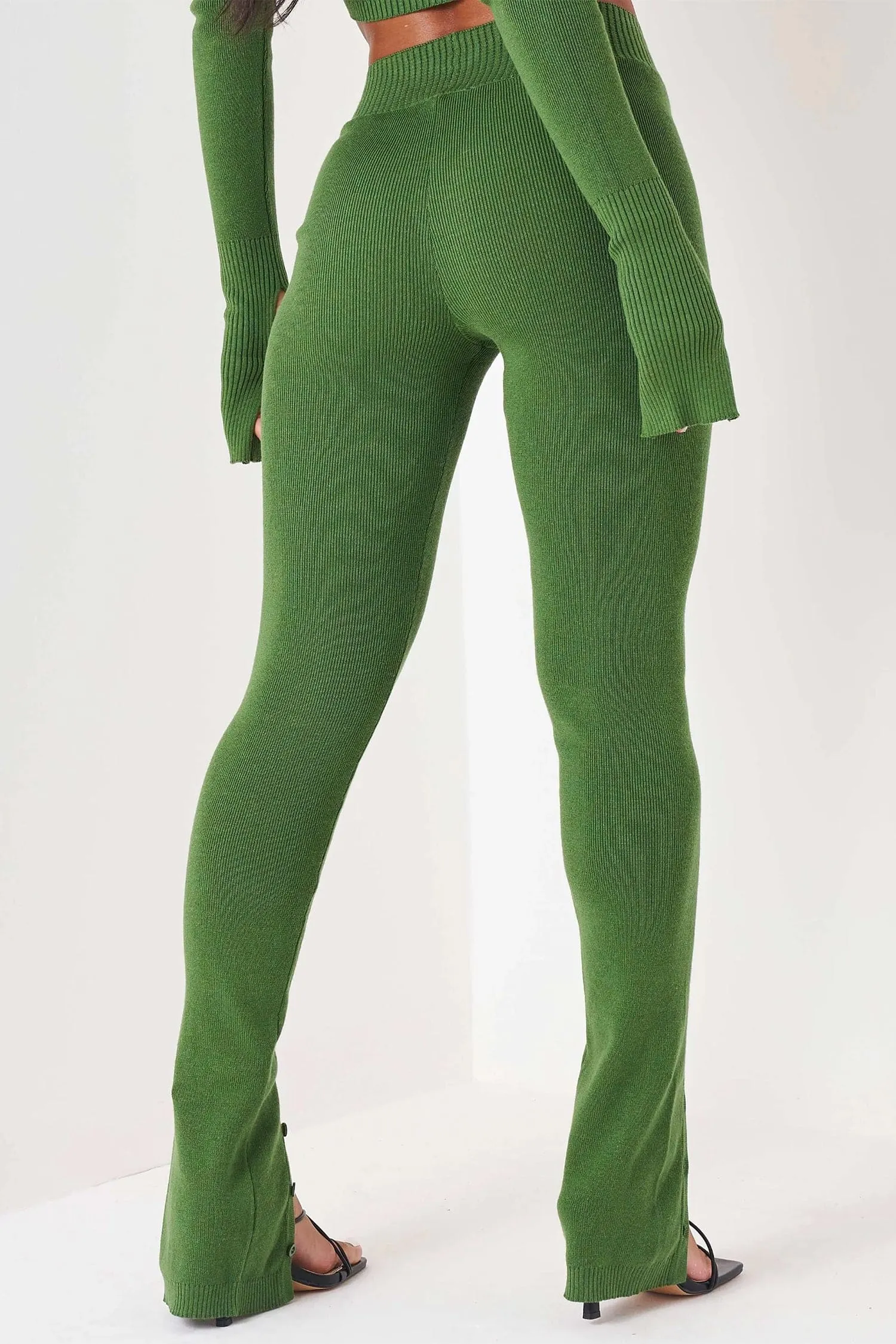 Green Knit Long Sleeve Crop Top & Front Split Pants Two Piece Set