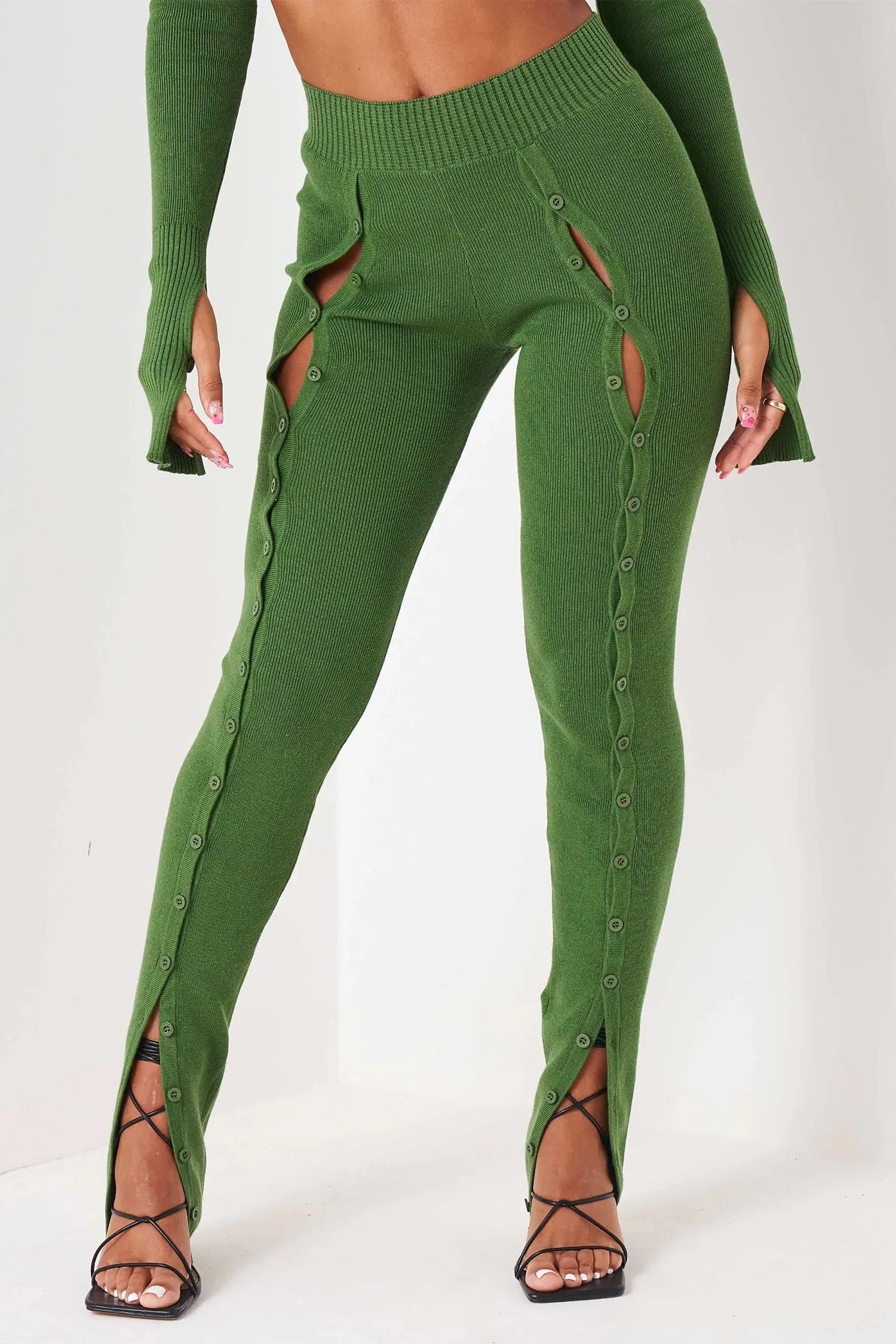 Green Knit Long Sleeve Crop Top & Front Split Pants Two Piece Set