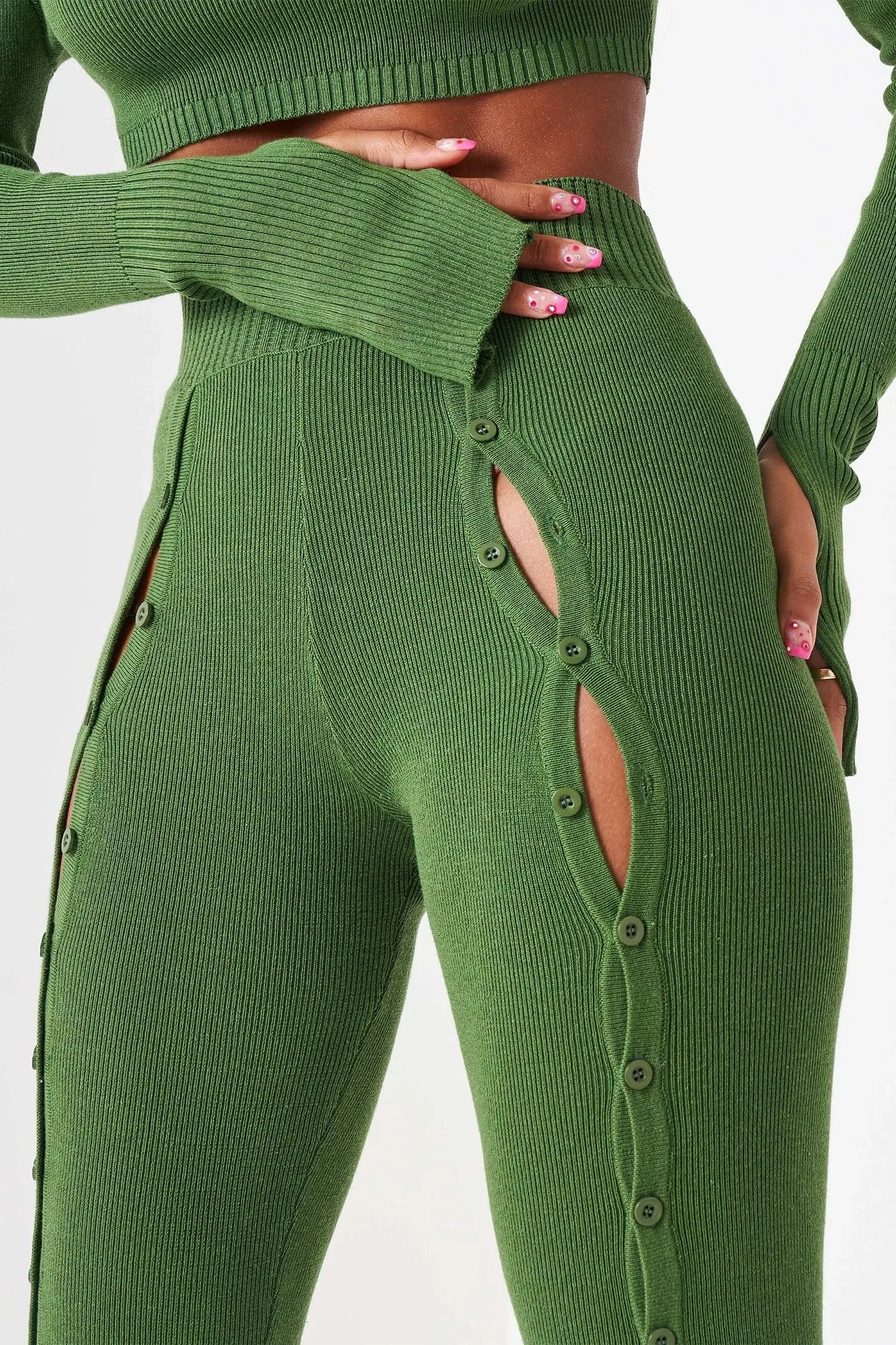 Green Knit Long Sleeve Crop Top & Front Split Pants Two Piece Set