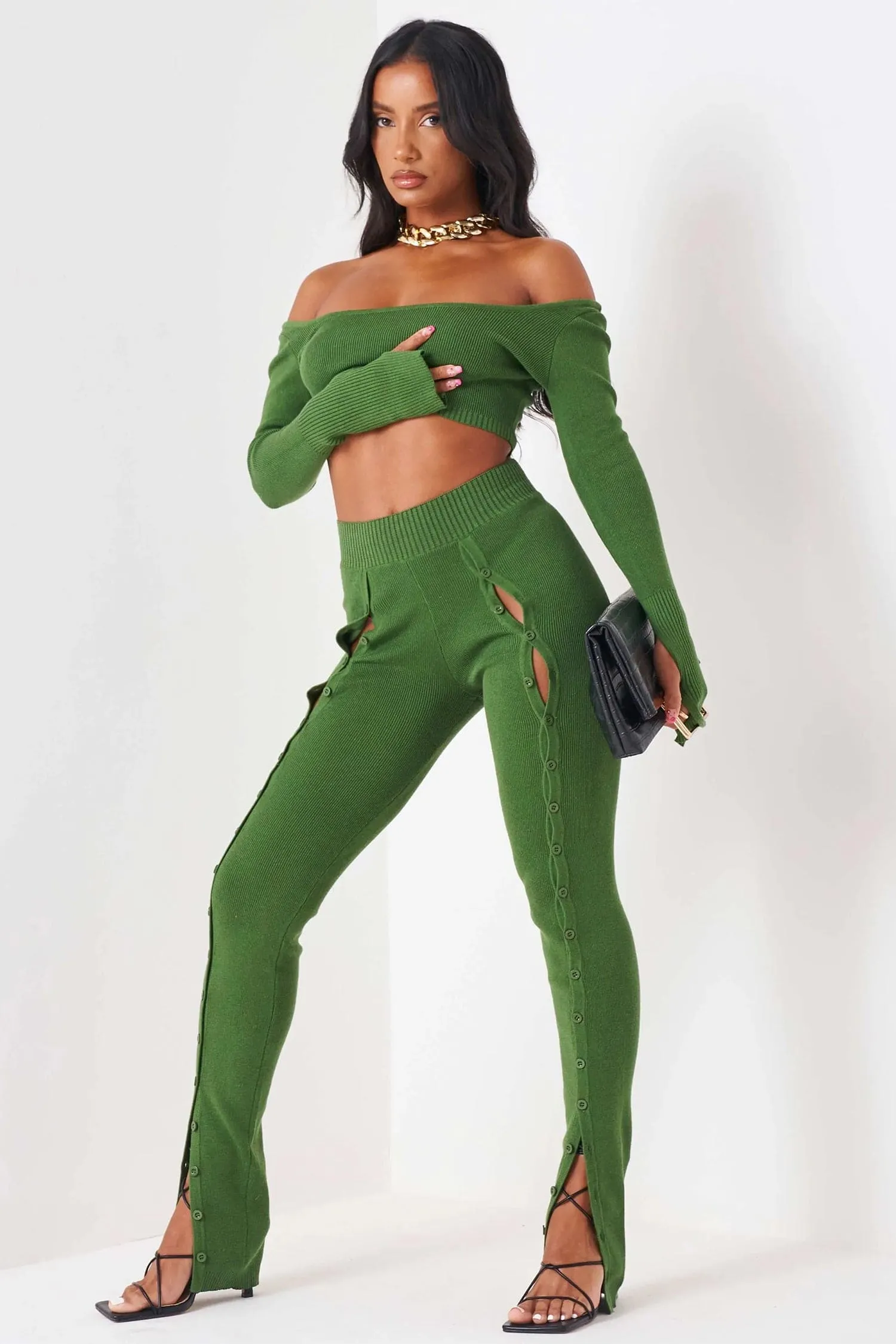 Green Knit Long Sleeve Crop Top & Front Split Pants Two Piece Set