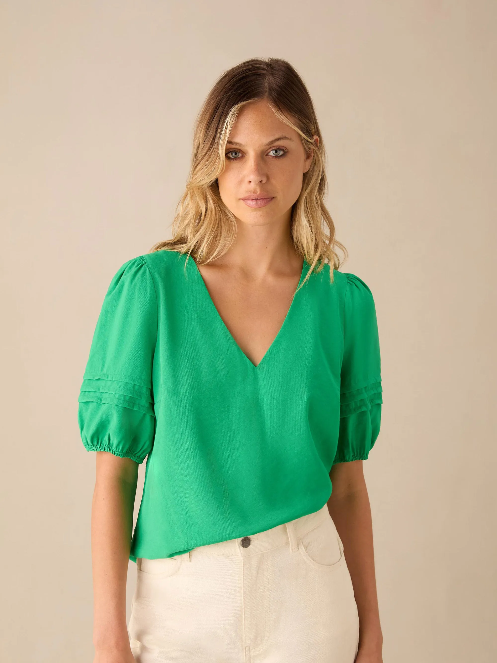 Green Pleat Sleeve Top