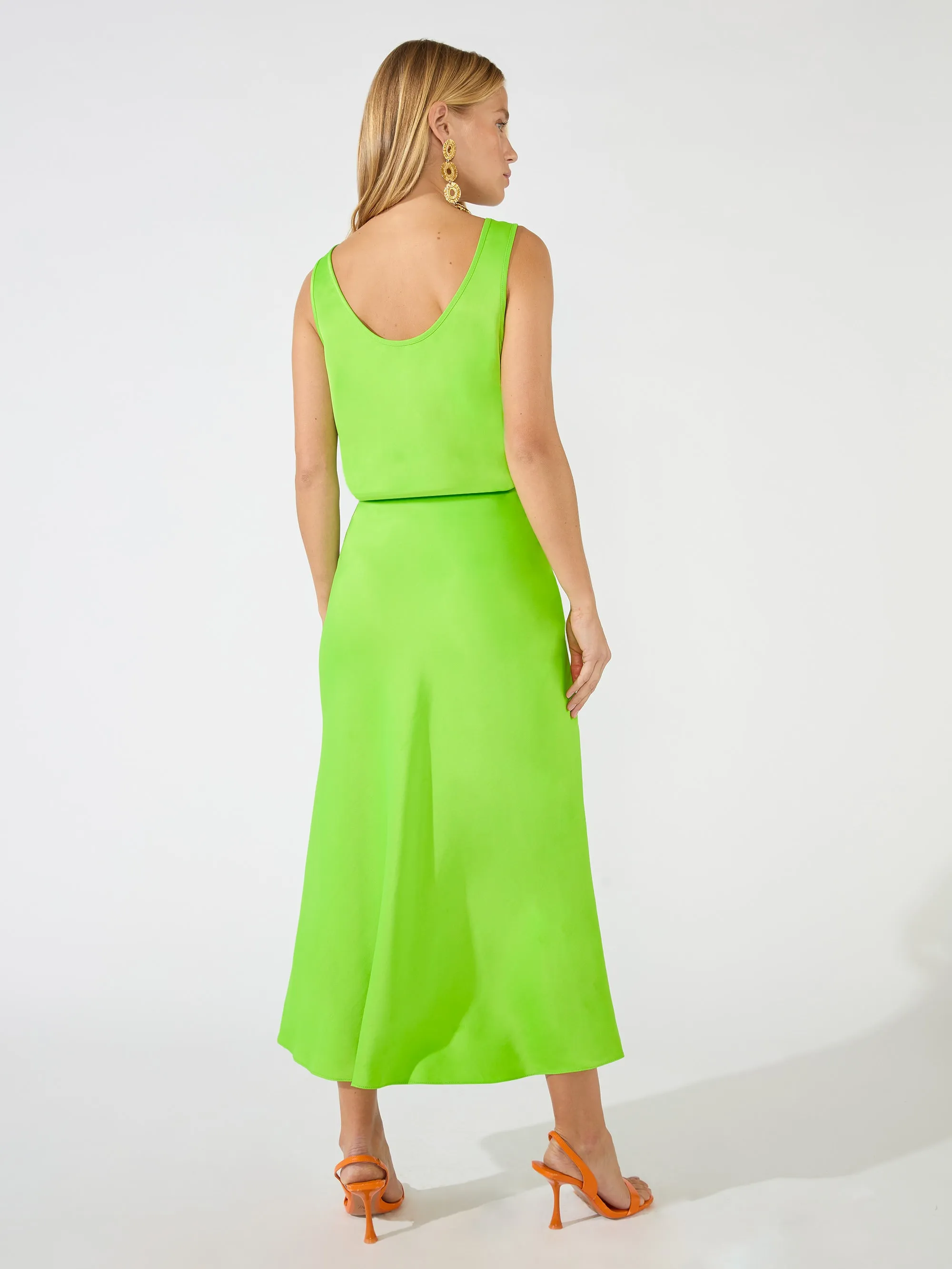 Green Satin Bias Midi Skirt