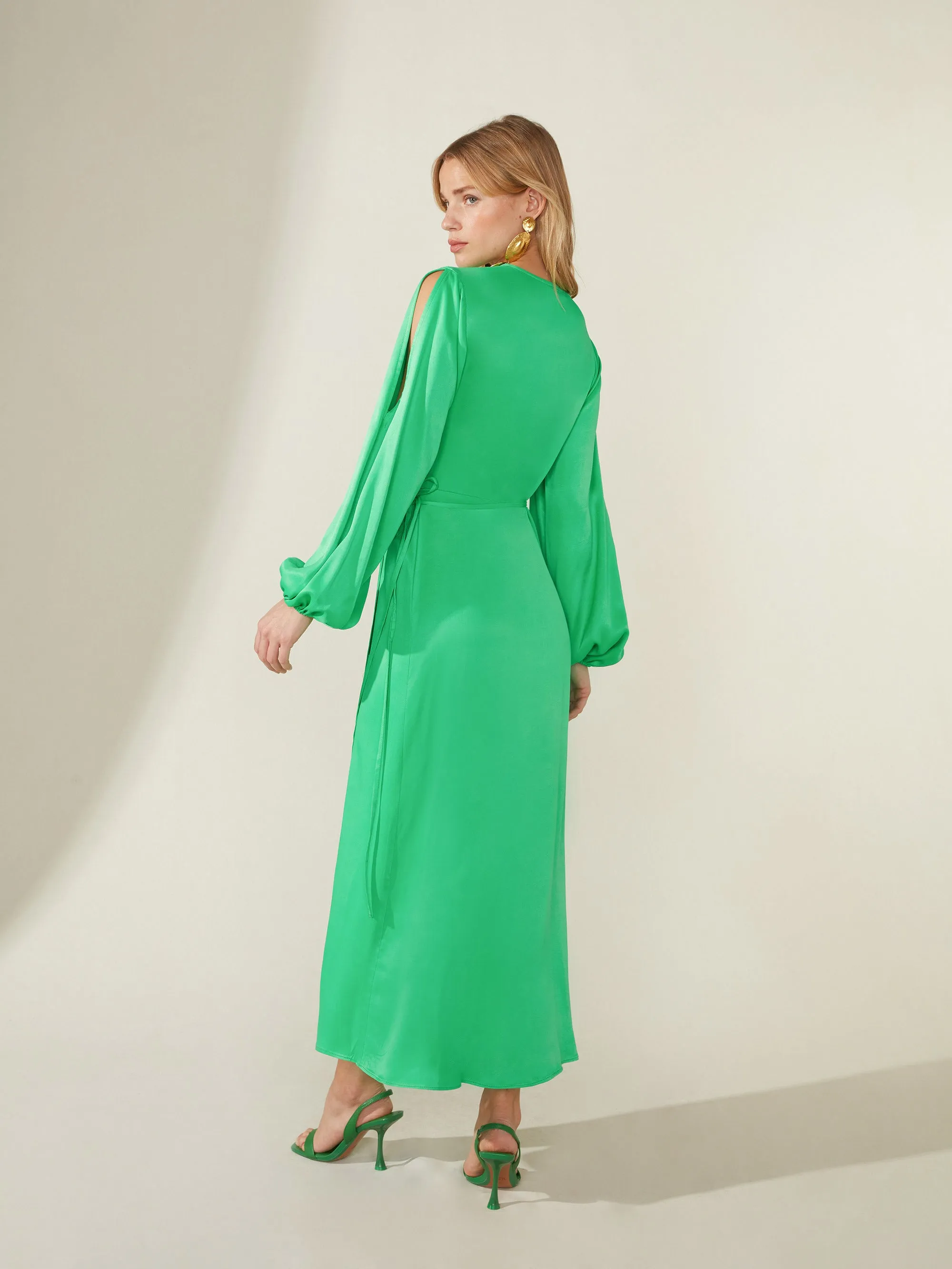 Green Satin Cold Shoulder Wrap Dress