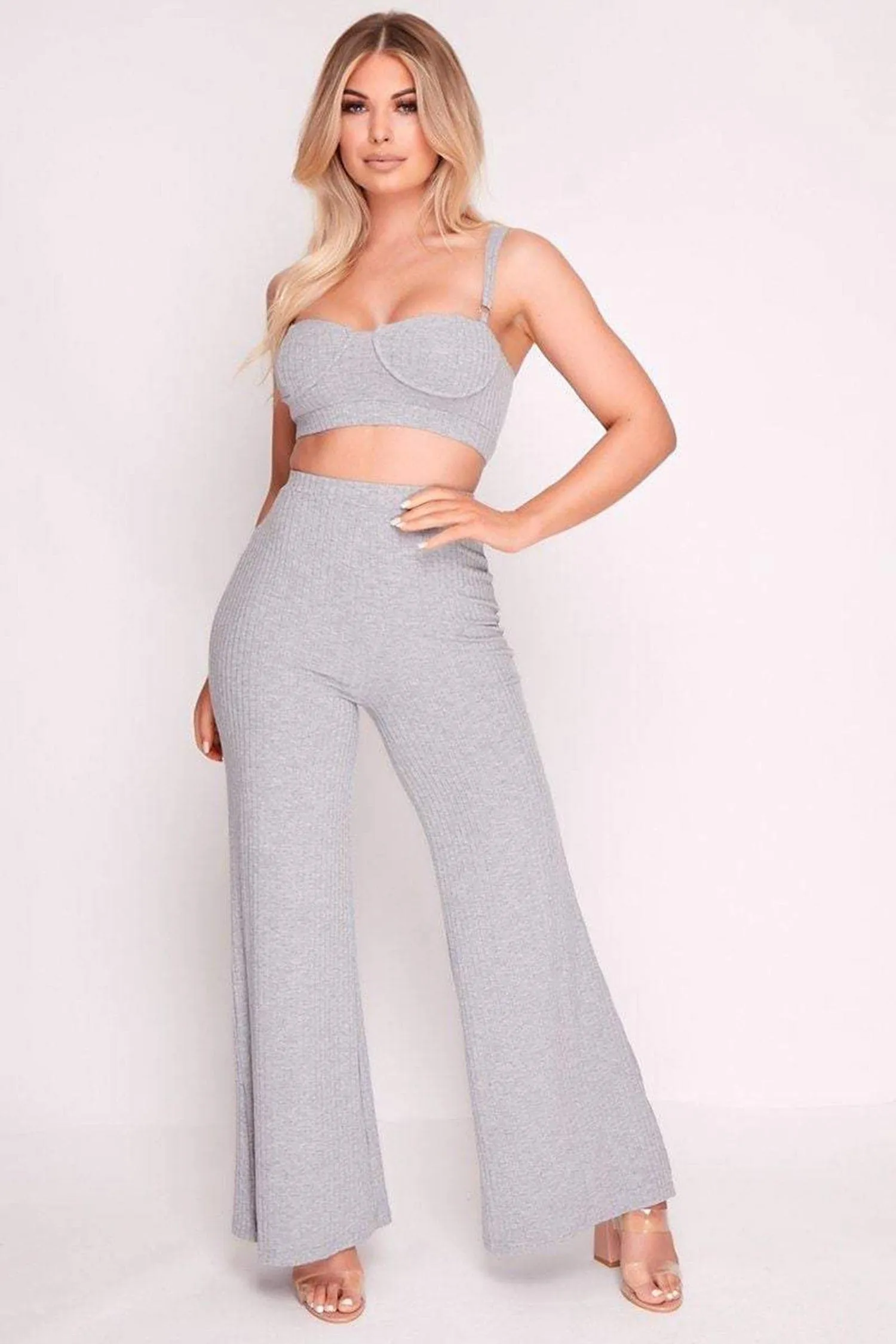 Grey Ribbed Bralette Top And Palazzo Pants Set