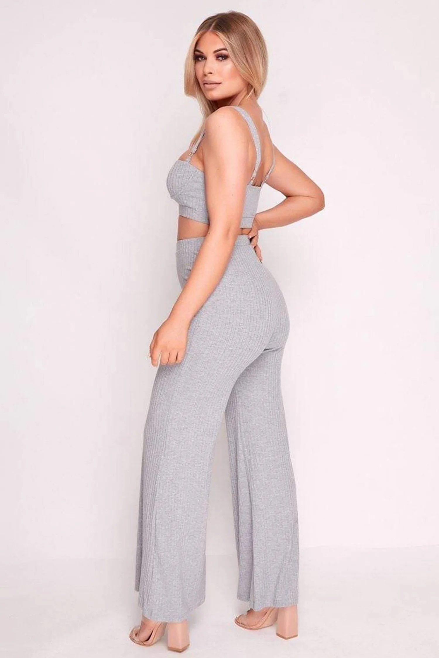 Grey Ribbed Bralette Top And Palazzo Pants Set