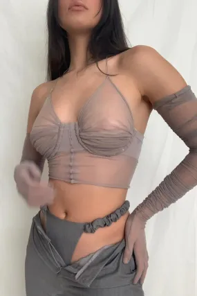 Grey Sheer Halter Crop Top With Gloves