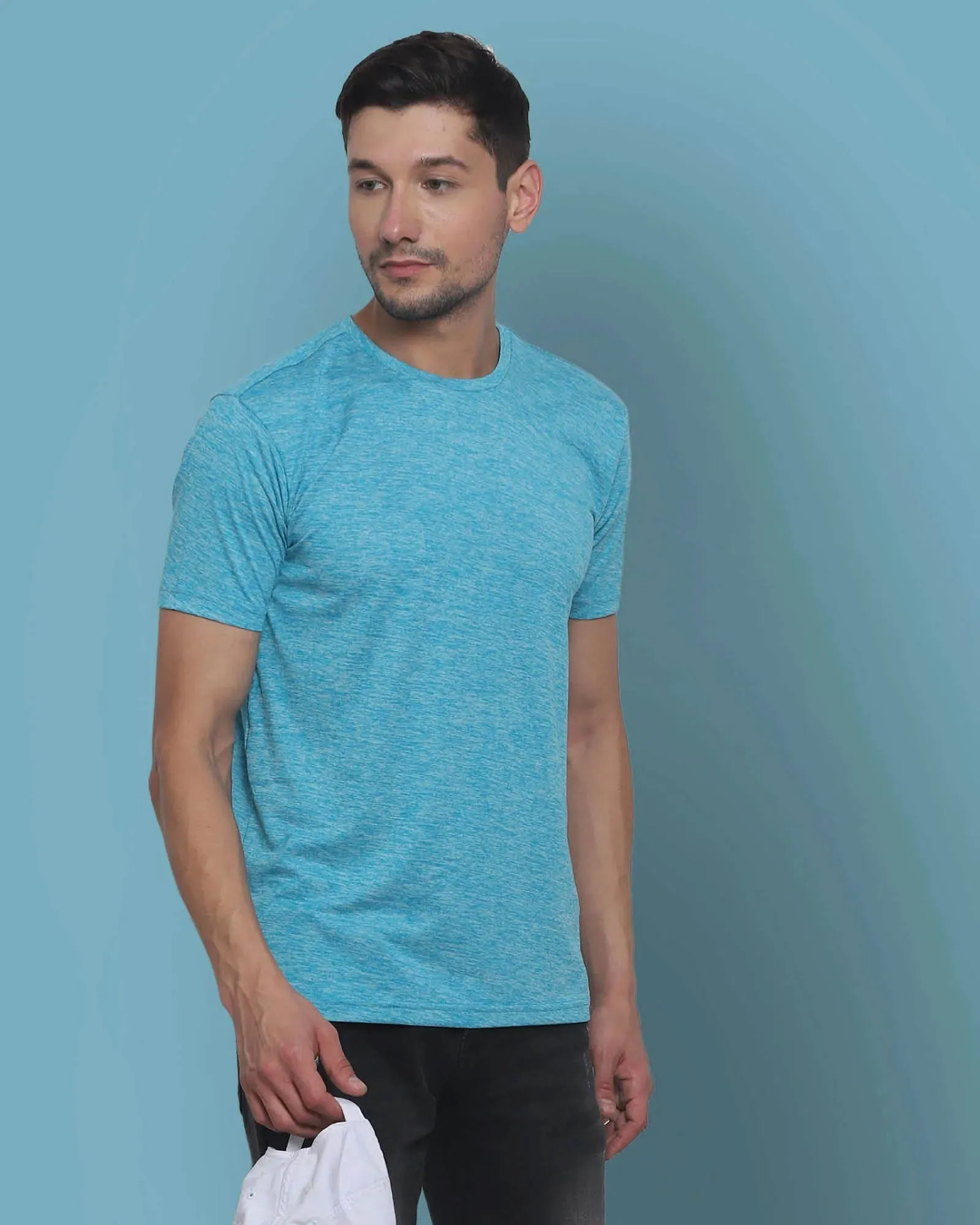 Half Sleeves Crew Neck: Sea Blue Melange