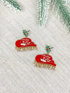 'Holly Jolly' Cowgirl Hat Enamel Dangle Earrings