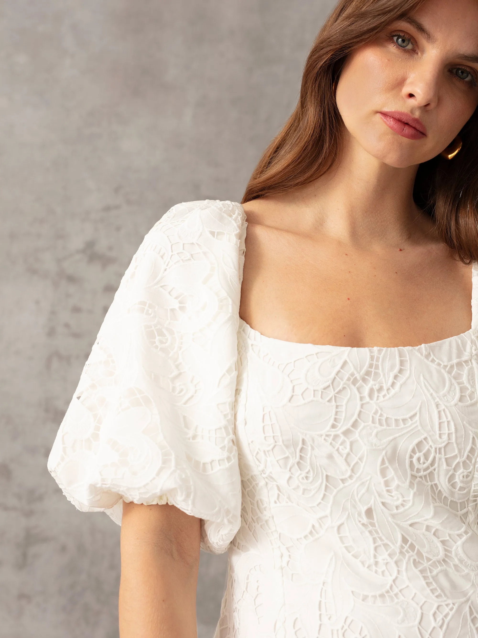 Ivory Lace Puff Sleeve Square Neck Dress