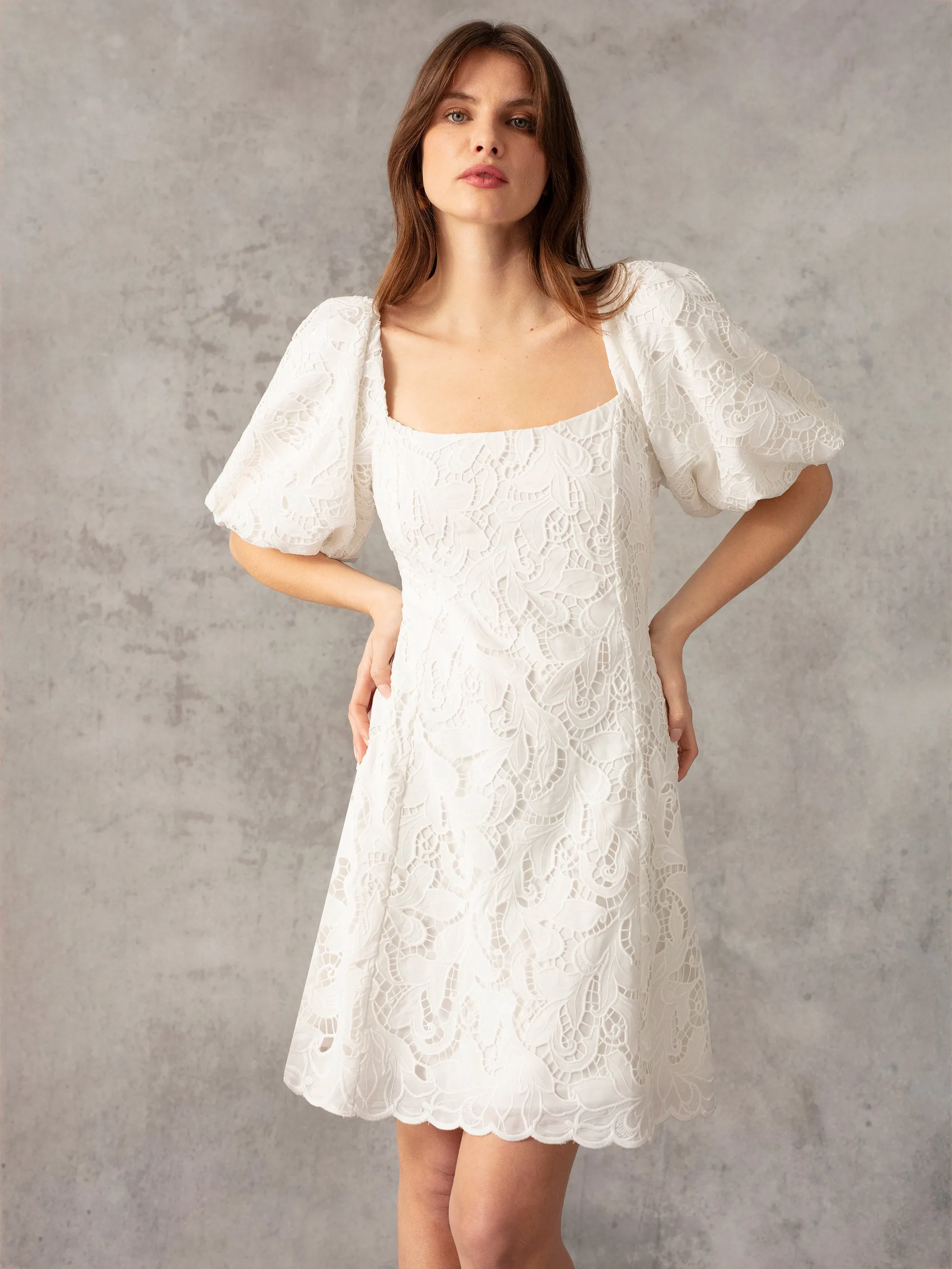 Ivory Lace Puff Sleeve Square Neck Dress