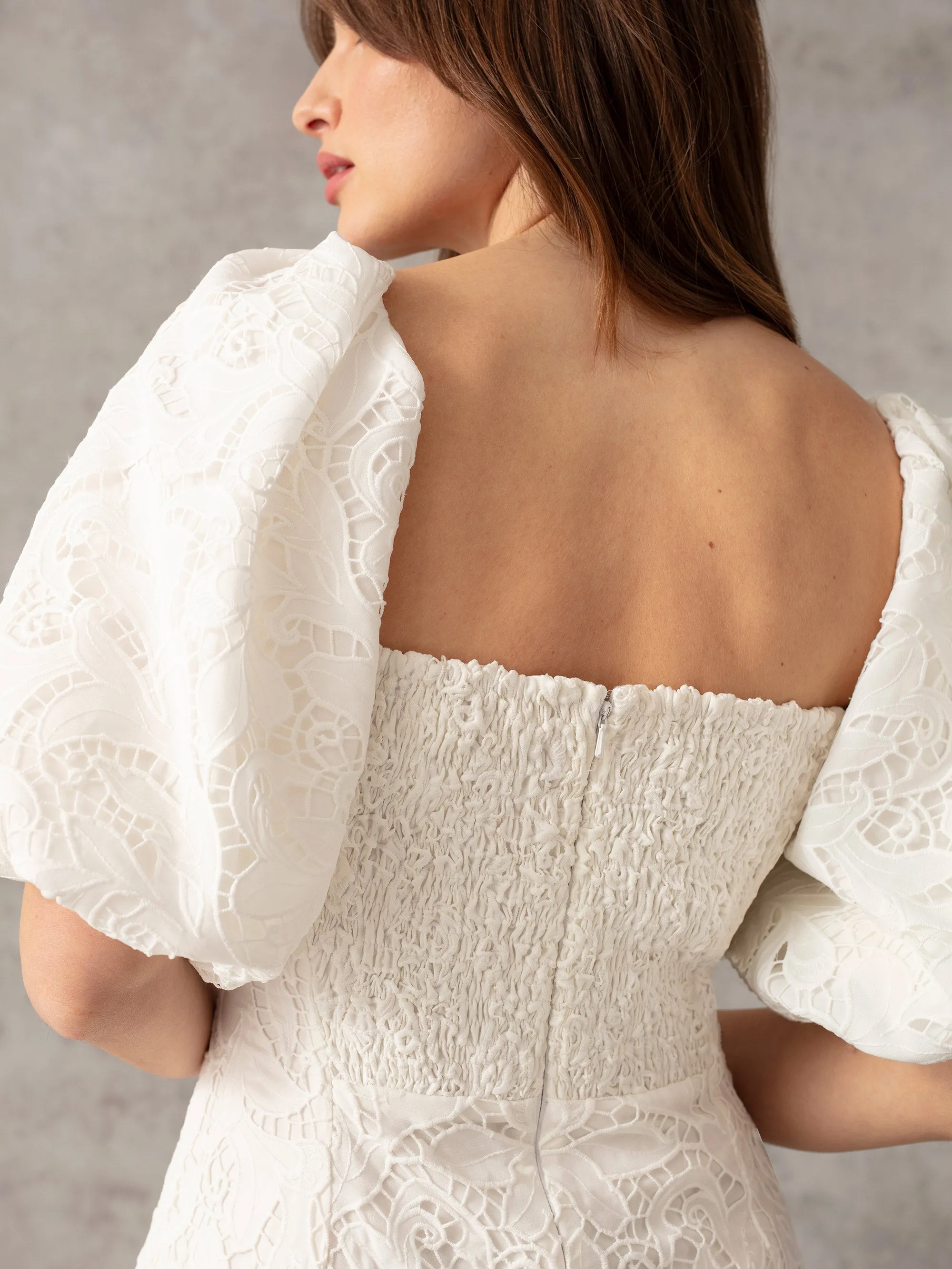 Ivory Lace Puff Sleeve Square Neck Dress