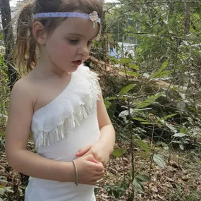 Ivory Single Shoulder Top with Boho Feather Trim