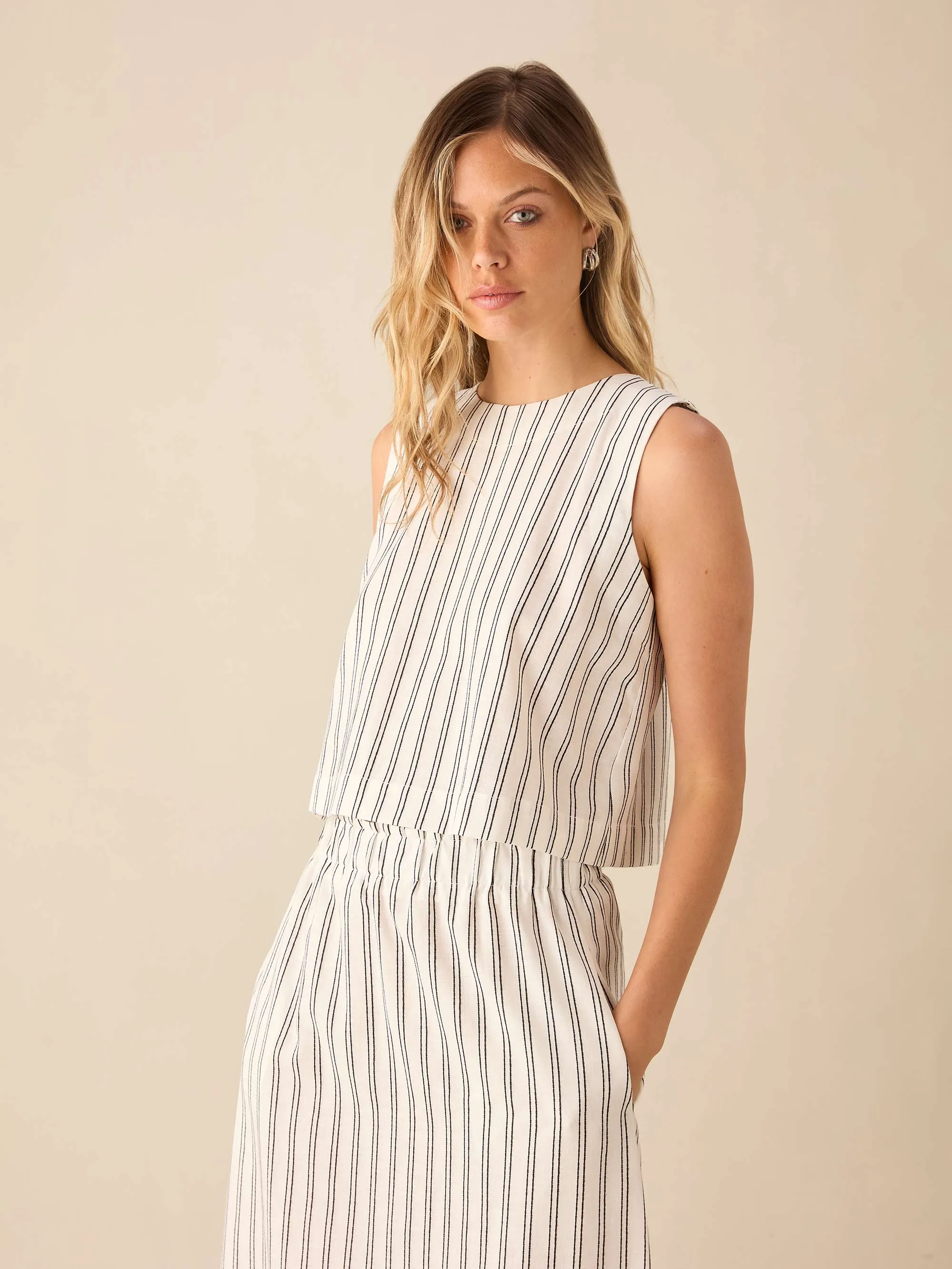 Ivory Stripe Linen-blend Shell Top