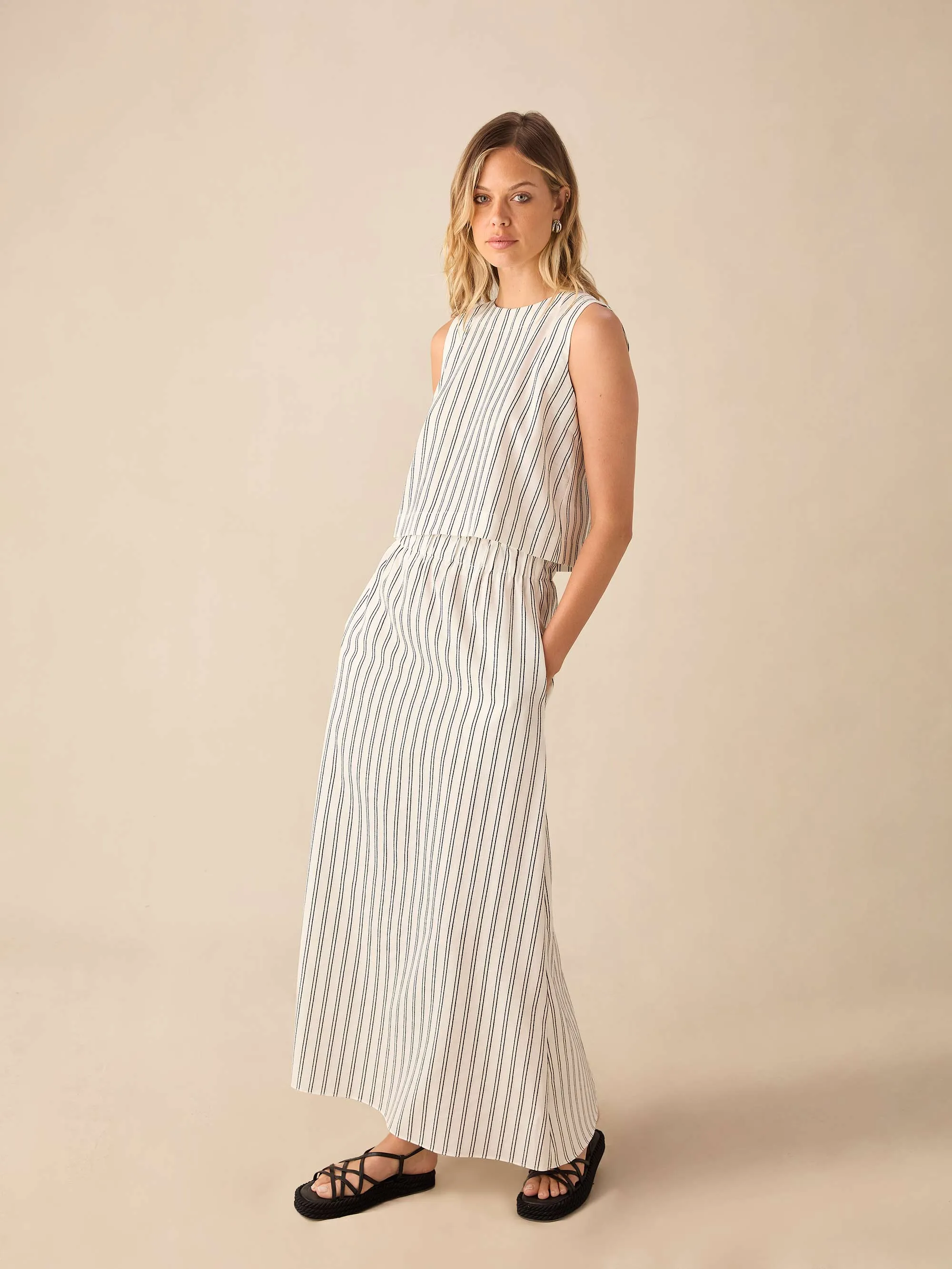 Ivory Stripe Linen-blend Shell Top