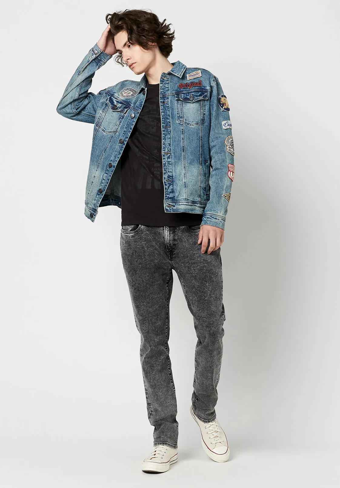 Joe Patched Men's Jean Jacket in Blue Vintage and Worn - BM22143