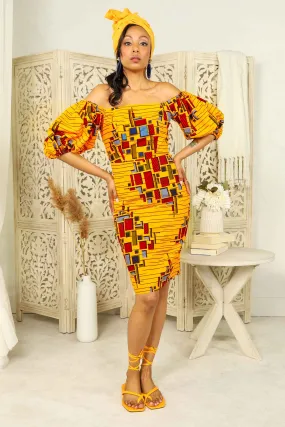 KADELA African Print Pencil Dress (Puff Sleeves)