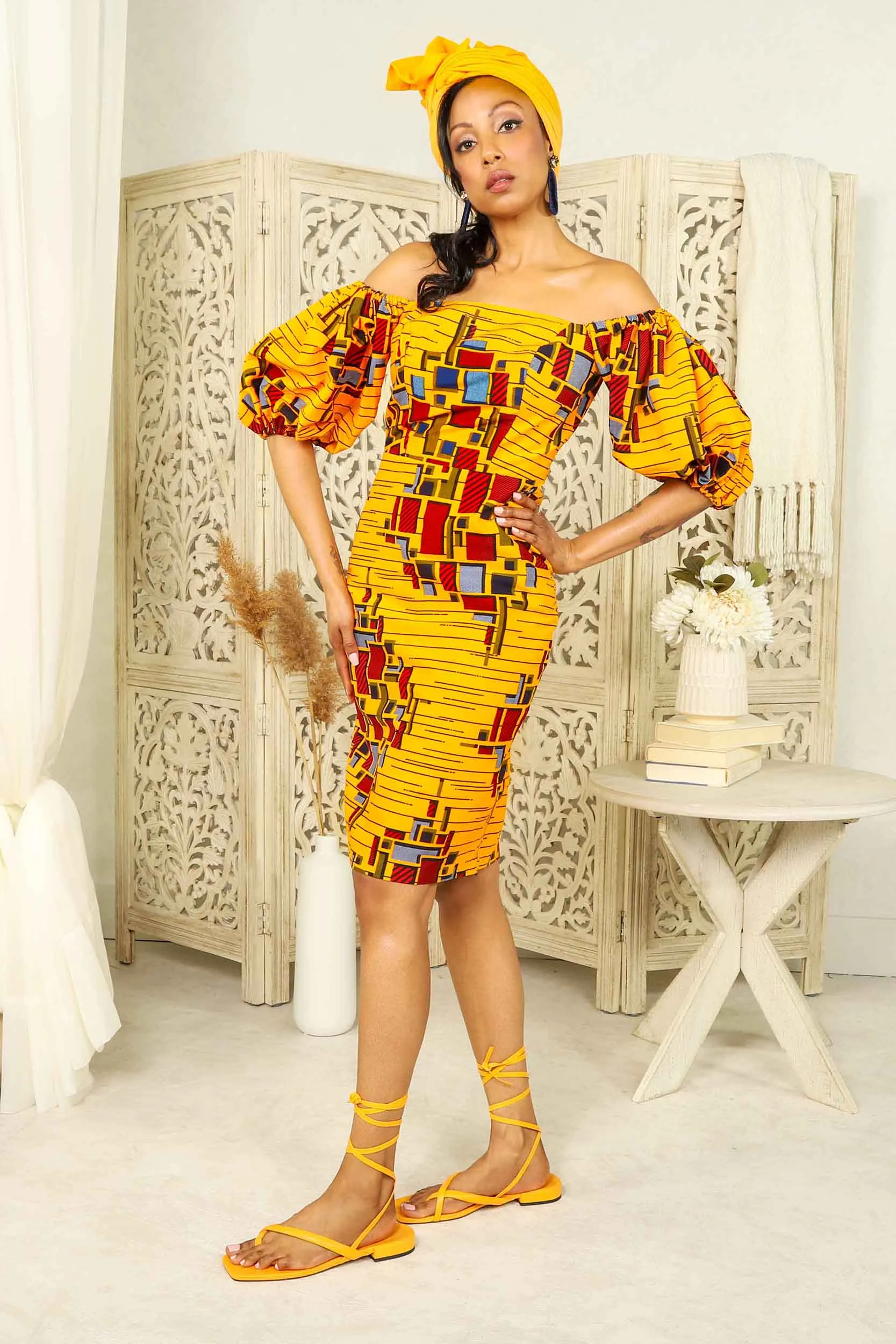 KADELA African Print Pencil Dress (Puff Sleeves)