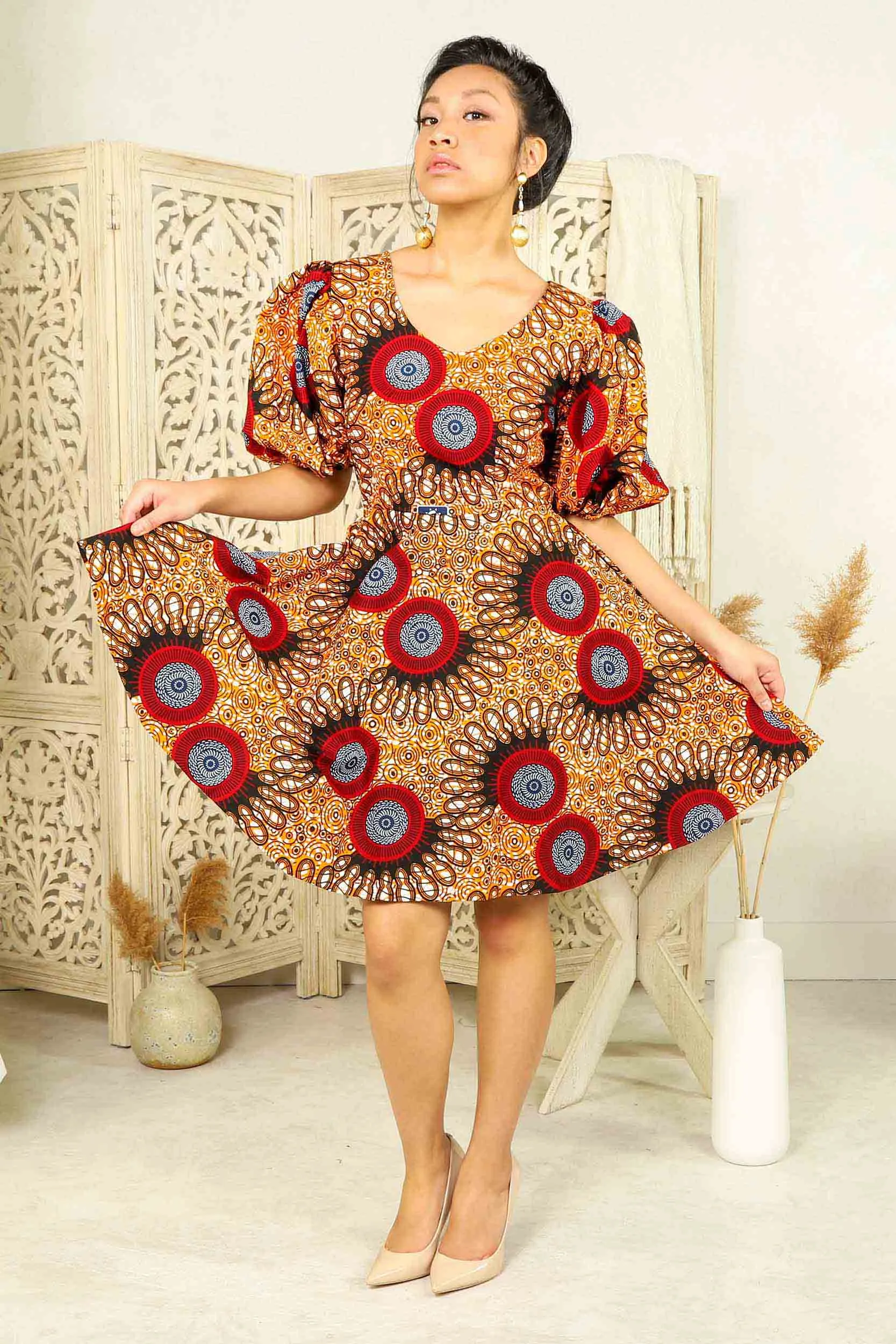 KEMI African Print Mini Dress (Puff Sleeves)