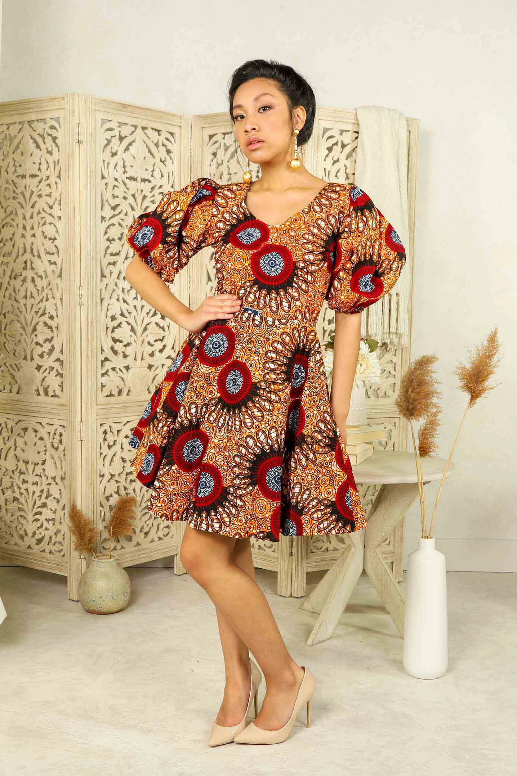 KEMI African Print Mini Dress (Puff Sleeves)