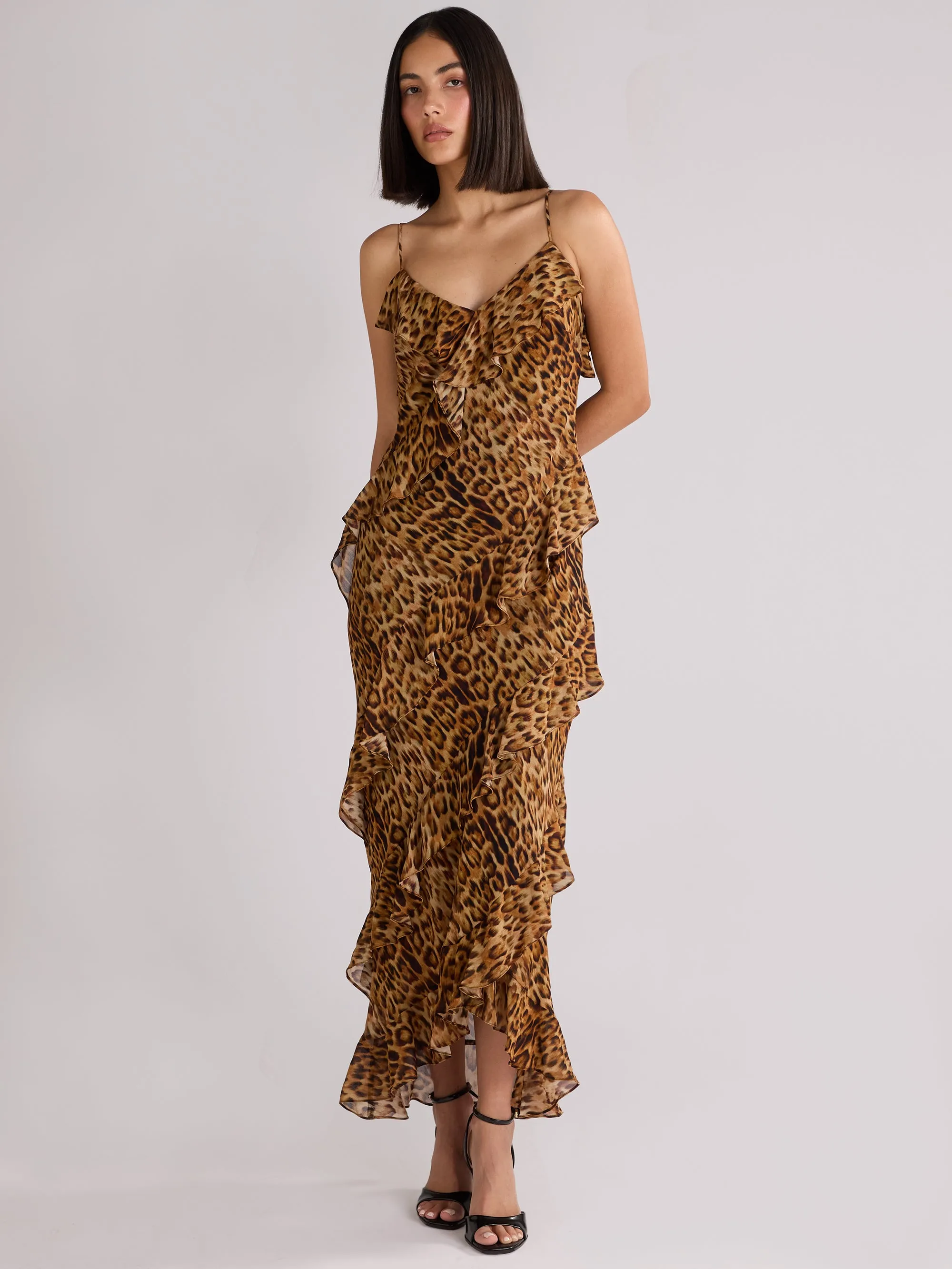 Kirstee Leopard Print Ruffle Cami Maxi Dress