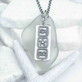 Large Crystal Clear Sea Glass Pendant with Elemental Charm | #5200