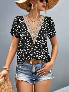 Leopard Print V-Neck Petal Sleeve Blouse