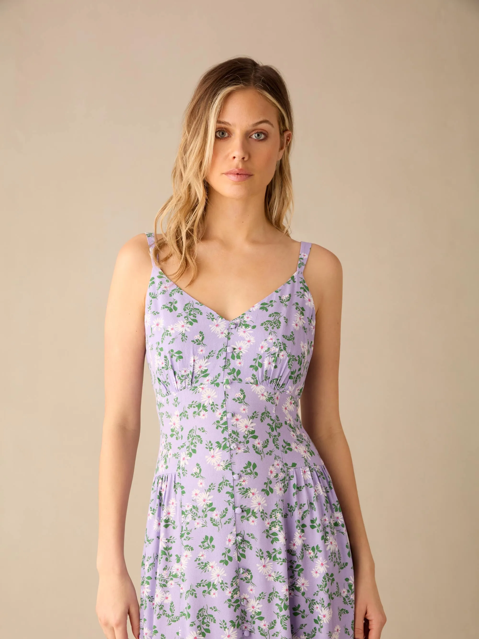 Lilac Daisy Print Strappy Button Through Dress