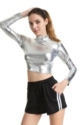 Metallic Long Sleeve Punk Rave Crop Top-Silver