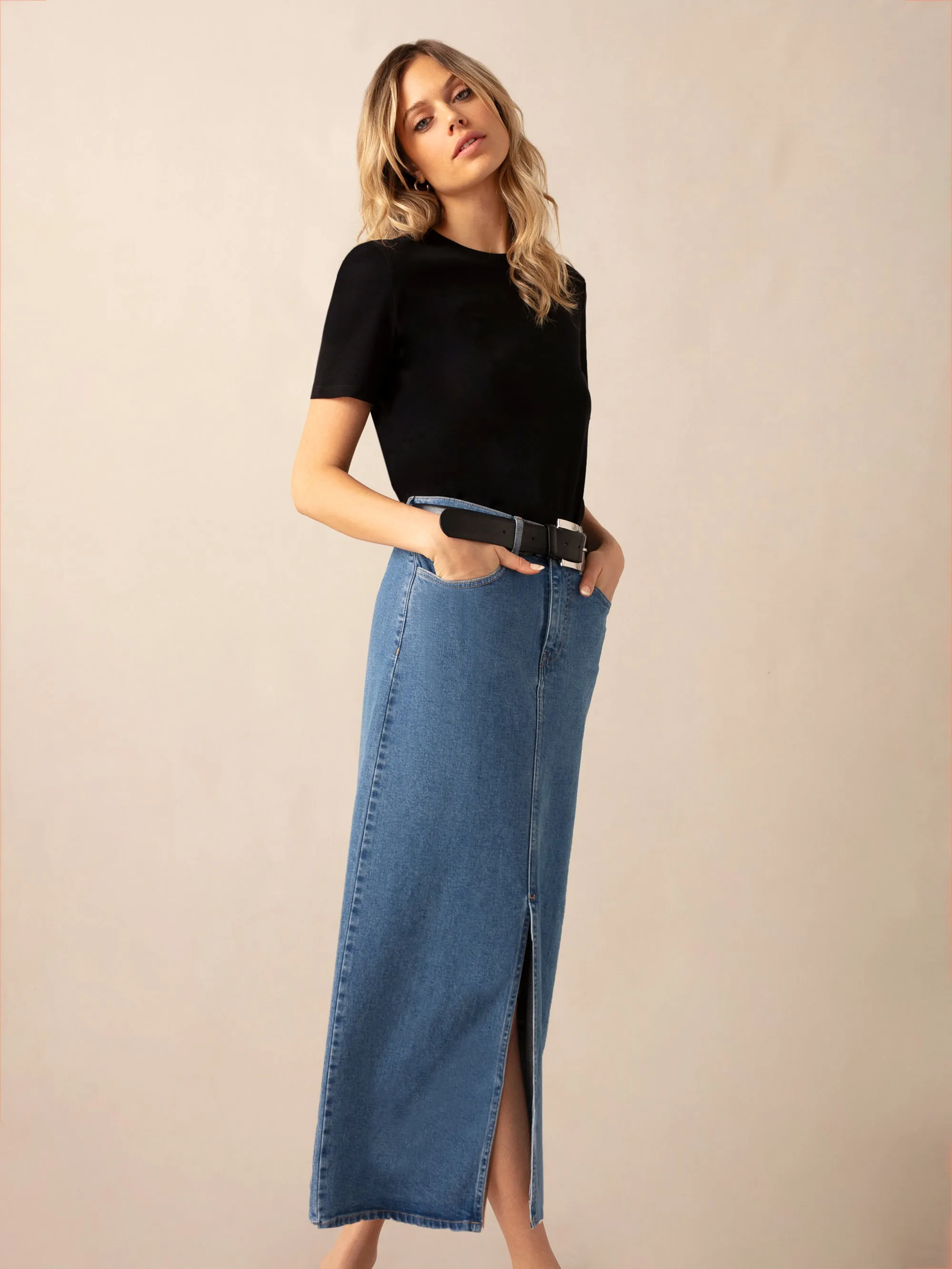 Mid Wash Blue Denim Midaxi Skirt