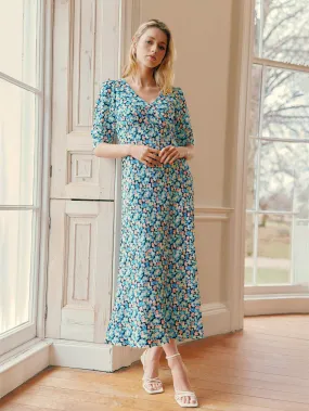 Multi Blurred Daisy Print V-Neck Midi Dress