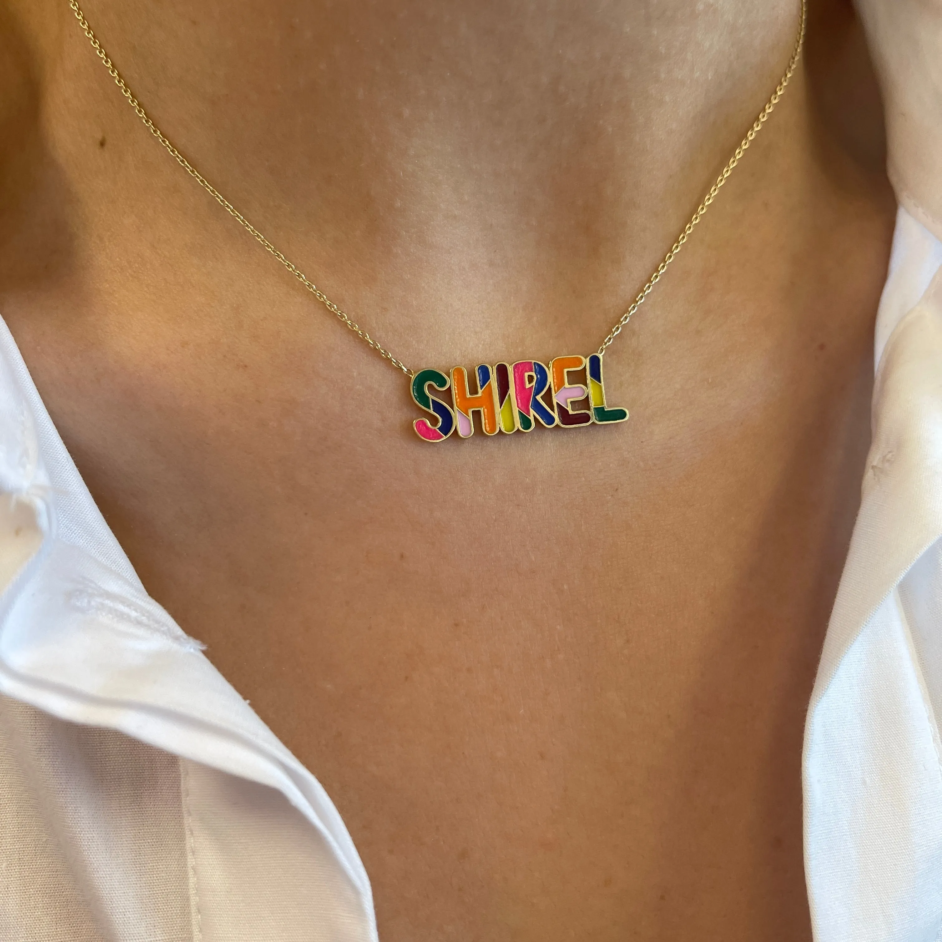 Multi Color Enamel Single Name Necklace