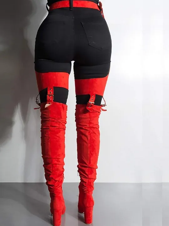 Mustard Red Suede Belt Thigh High Boots