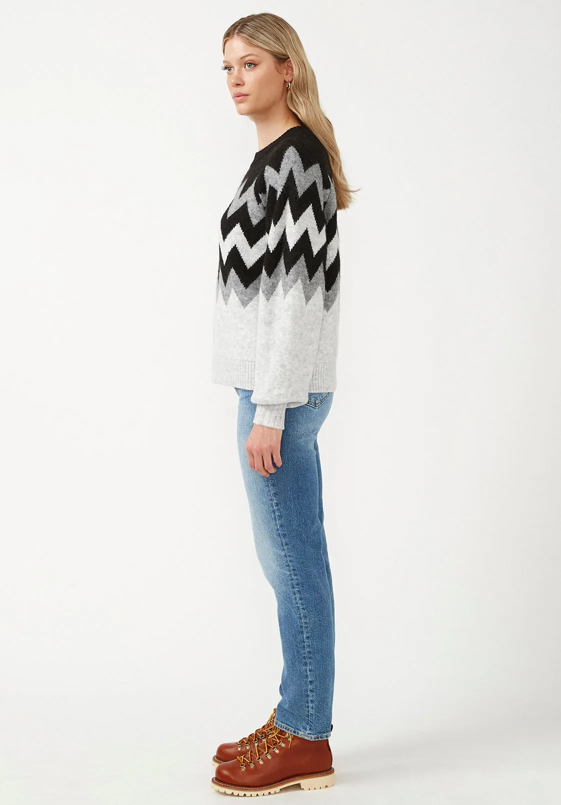 Nerissa Women's Crewneck Sweater in Black & Grey Chevron Print - SW0023F