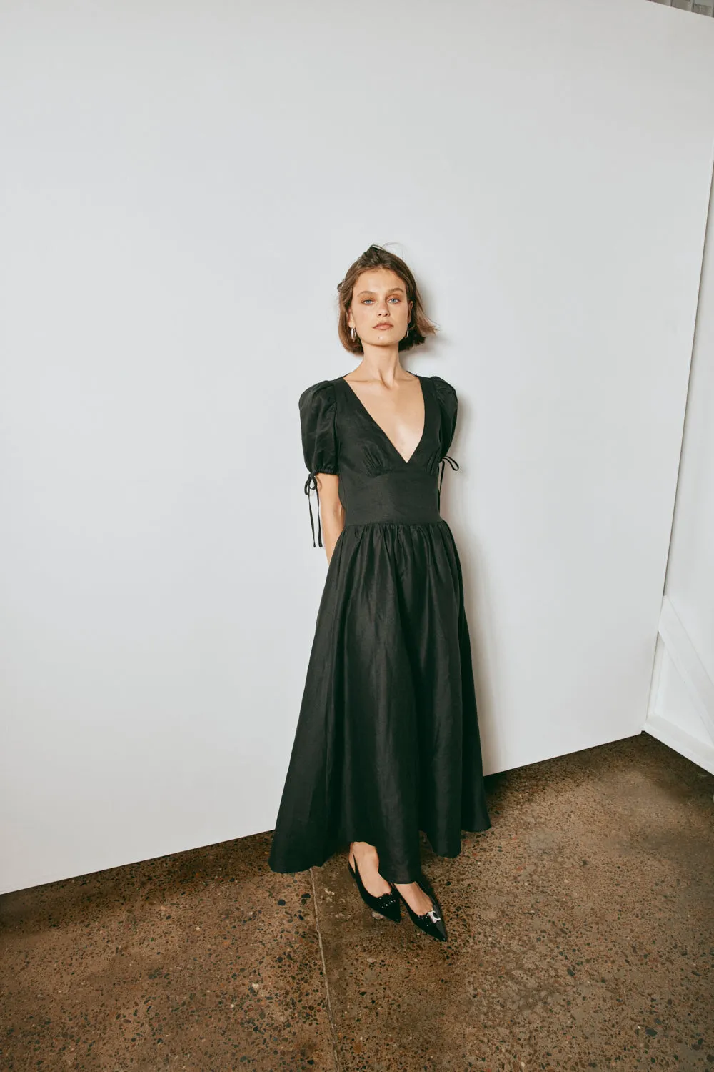 Paradiso Linen Midi Dress Black