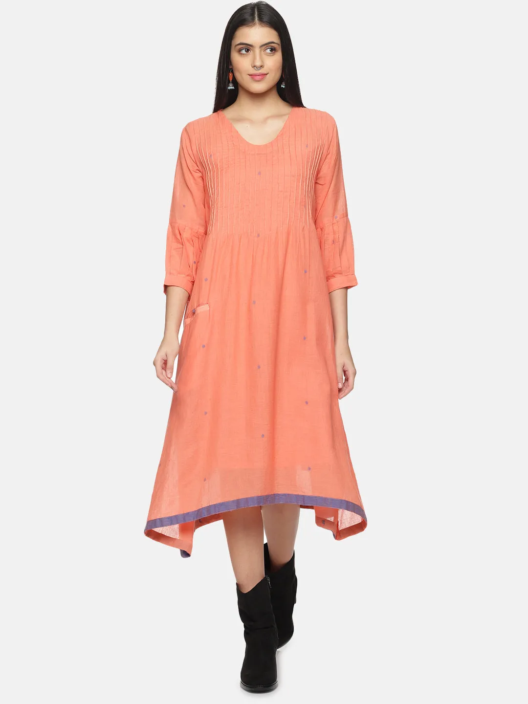 Peach A-line Jamdani Dress