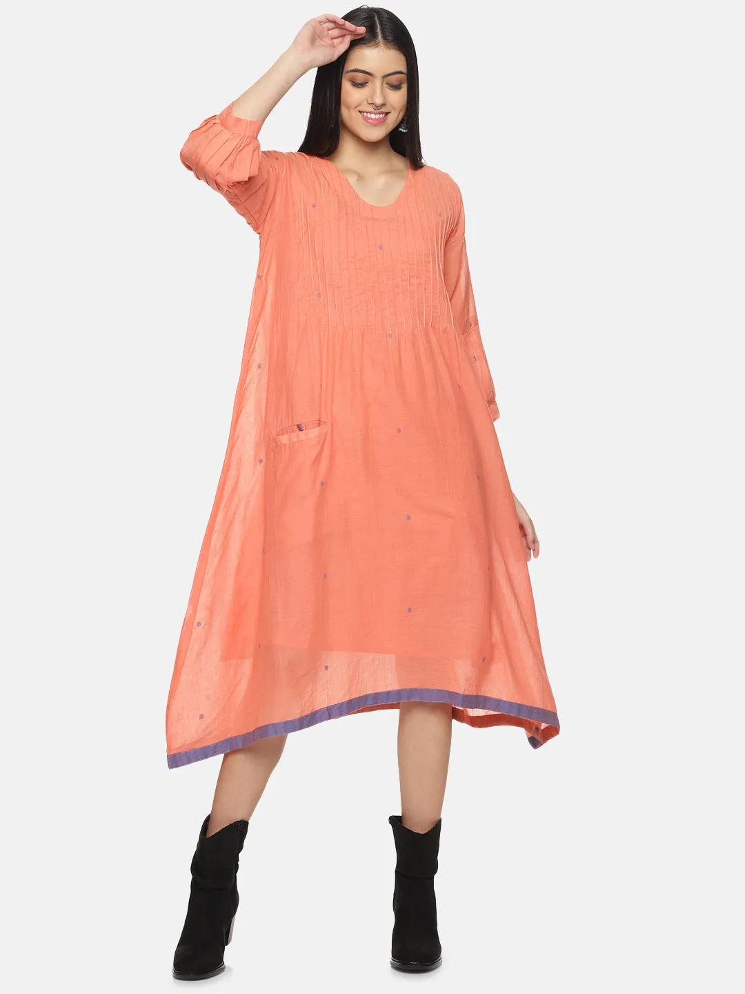 Peach A-line Jamdani Dress