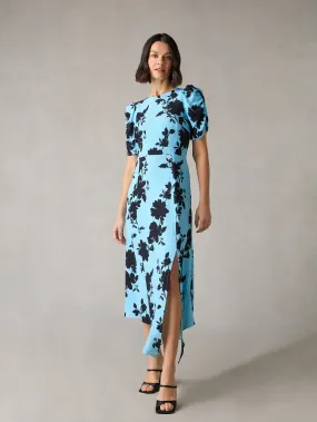 Petite Luna Blue Shadow Floral Print Midi Dress